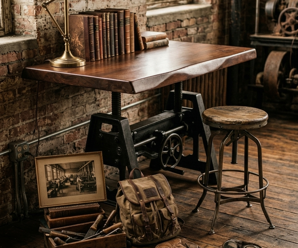 Industrial Adjustable Desk with Solid Acacia Live Edge Top & Cast Metal Base