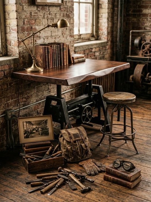 Industrial Adjustable Desk with Solid Acacia Live Edge Top & Cast Metal Base